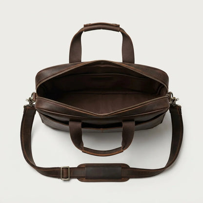 Men's Crazy Horse Leather Slim Laptop Briefcase — open from above, empty interior