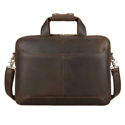 Men's Crazy Horse Leather Slim Laptop Briefcase — front view in dark brown with shoulder strap