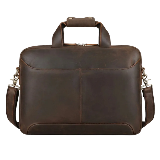 Men's Crazy Horse Leather Slim Laptop Briefcase — front view in dark brown with shoulder strap