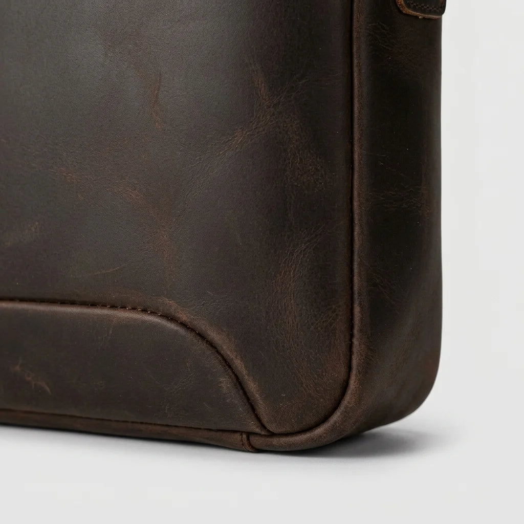 Men's Crazy Horse Leather Slim Laptop Briefcase — close-up of leather grain and rounded corner