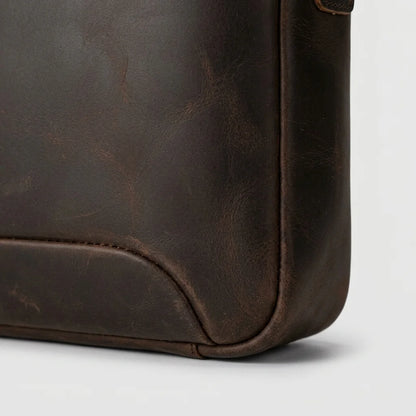 Men's Crazy Horse Leather Slim Laptop Briefcase — close-up of leather grain and rounded corner
