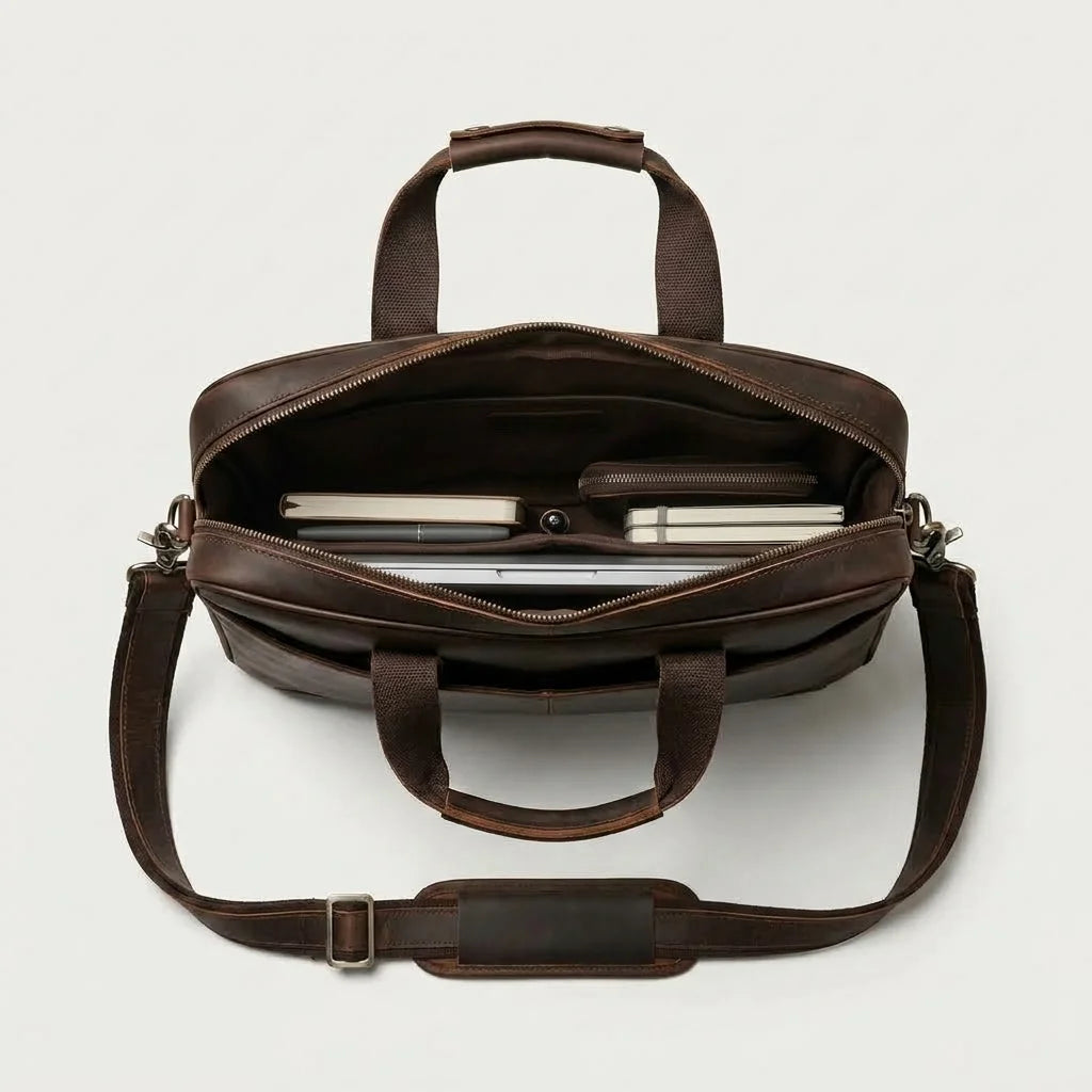 Men's Crazy Horse Leather Slim Laptop Briefcase — open from above with laptop and notebooks inside