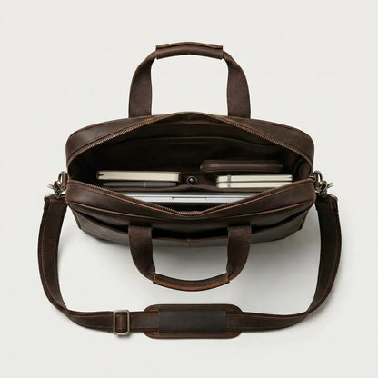 Men's Crazy Horse Leather Slim Laptop Briefcase — open from above with laptop and notebooks inside