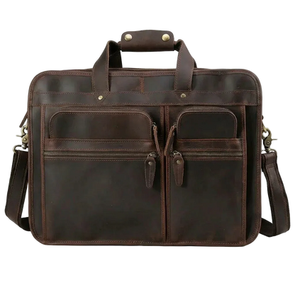 Men's Crazy Horse Leather Briefcase for 17.3-Inch Laptop — front view in dark brown with twin zip pockets