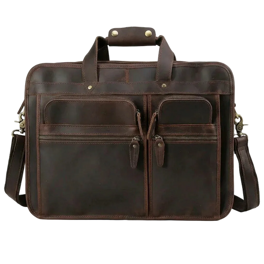 Men's Crazy Horse Leather Briefcase for 17.3-Inch Laptop — front view in dark brown with twin zip pockets