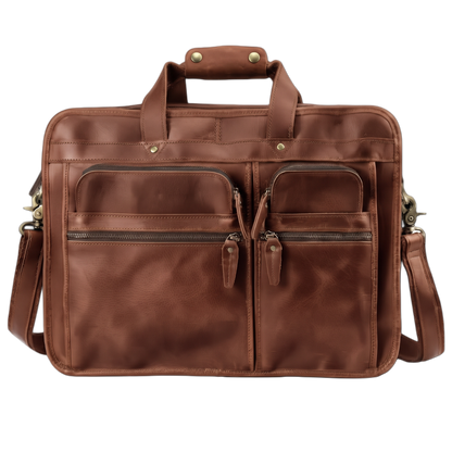 Men's Crazy Horse Leather Briefcase for 17.3-Inch Laptop — front view in brown