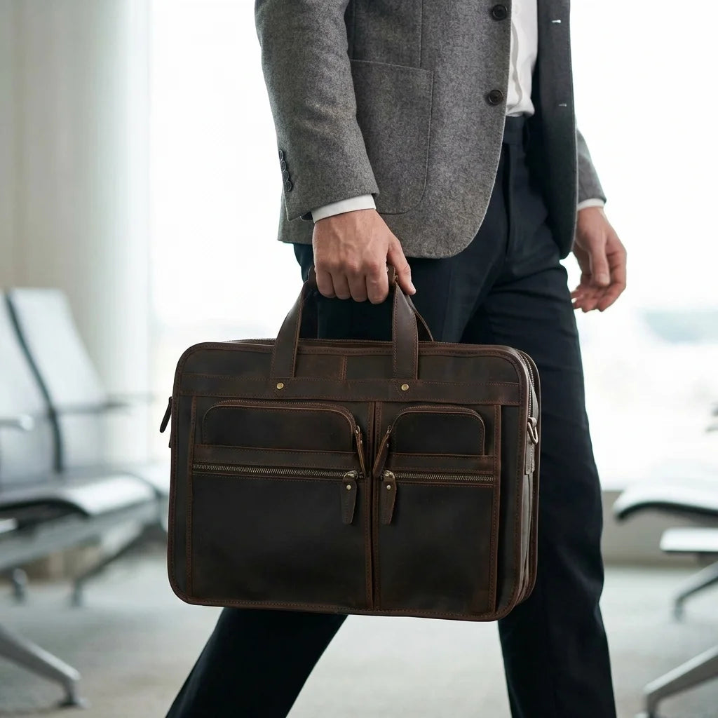 Men's Crazy Horse Leather Briefcase for 17.3-Inch Laptop — carried by the handle by a man in a grey blazer