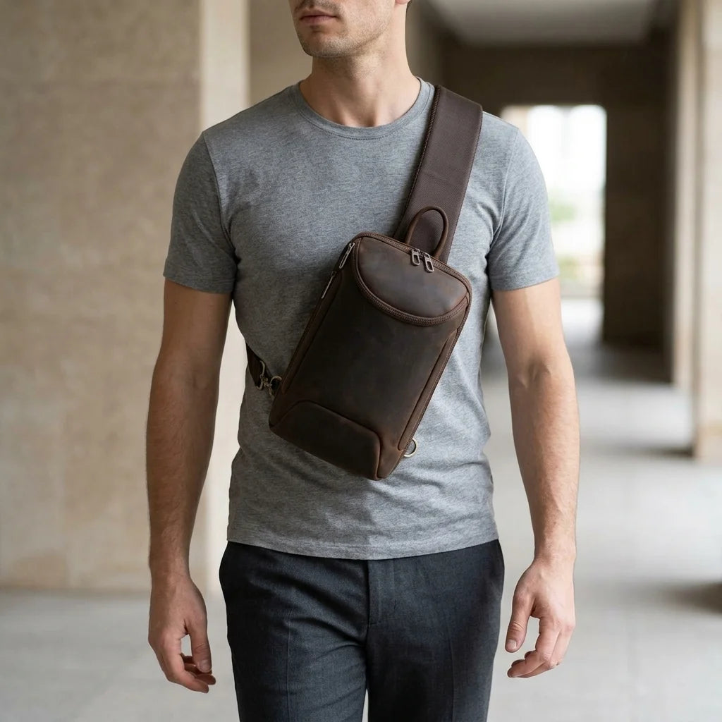 Men's Crazy Horse Leather Tablet Sling Bag — worn crossbody by a man in a grey T-shirt