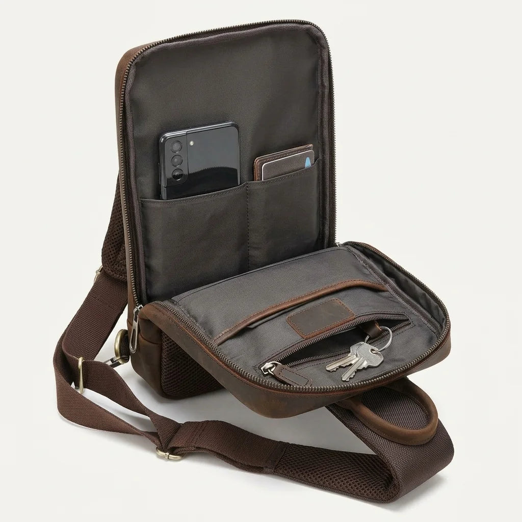Men's Crazy Horse Leather Tablet Sling Bag — open compartment with phone, wallet and keys