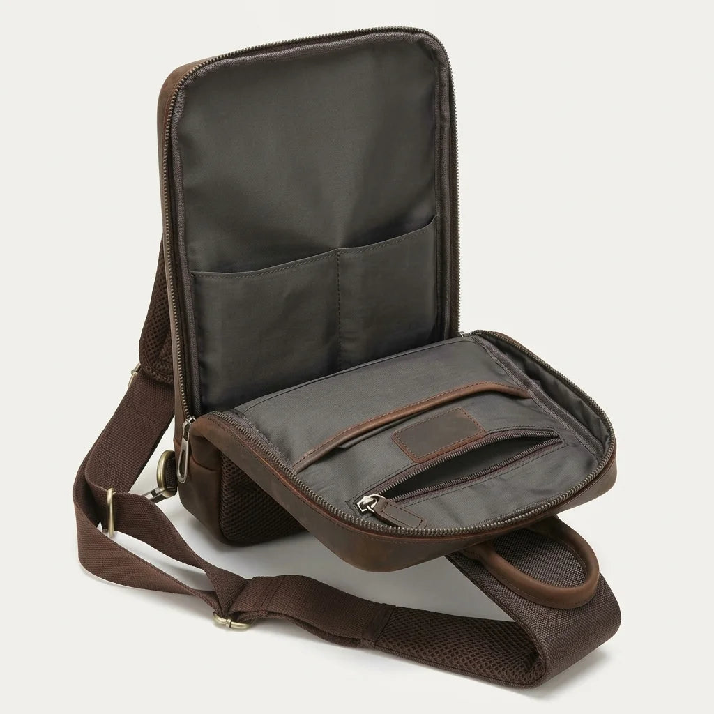 Men's Crazy Horse Leather Tablet Sling Bag — open compartment, empty