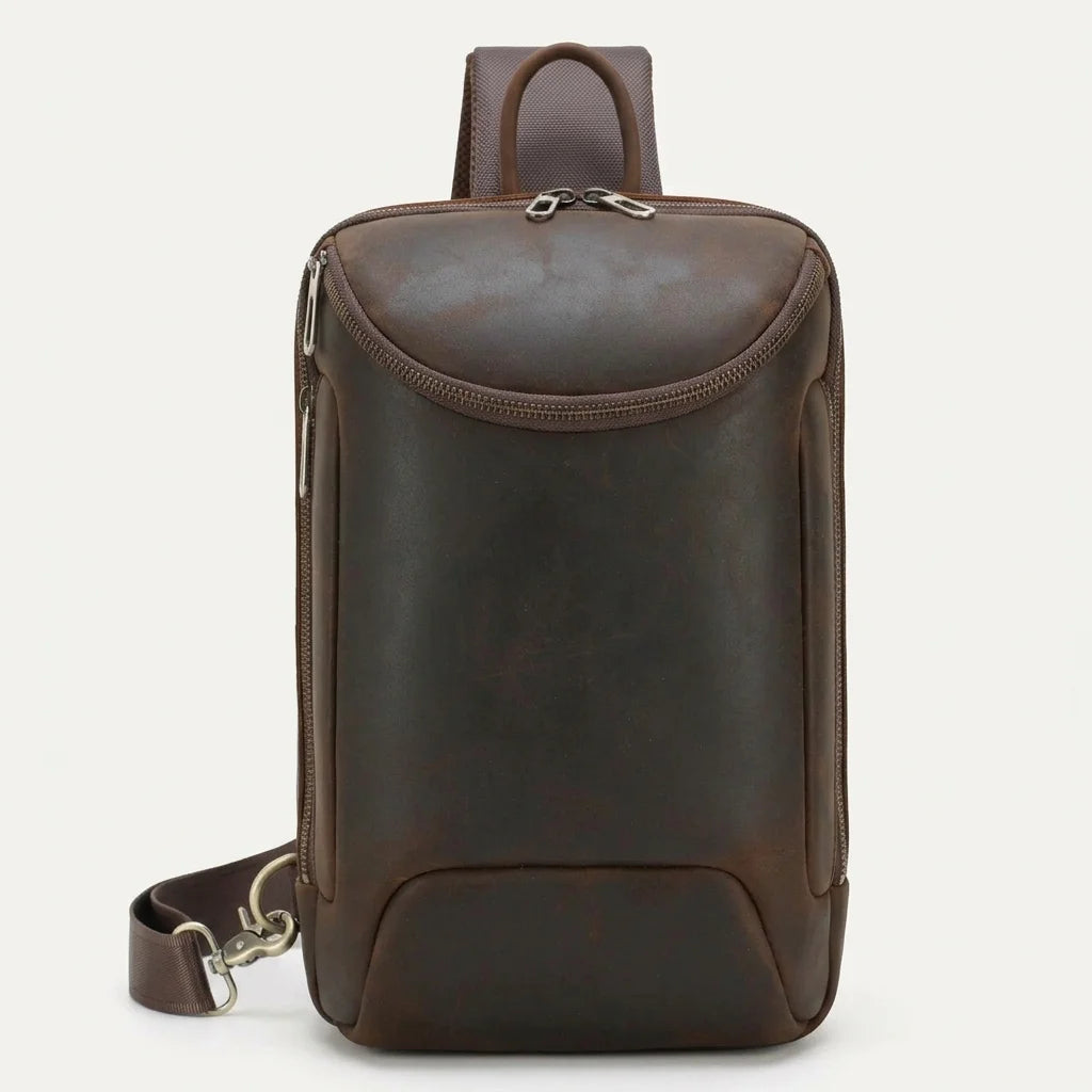 Men's Crazy Horse Leather Tablet Sling Bag — front view on a light background