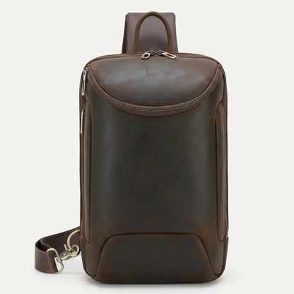 Men's Crazy Horse Leather Tablet Sling Bag — front view on a light background