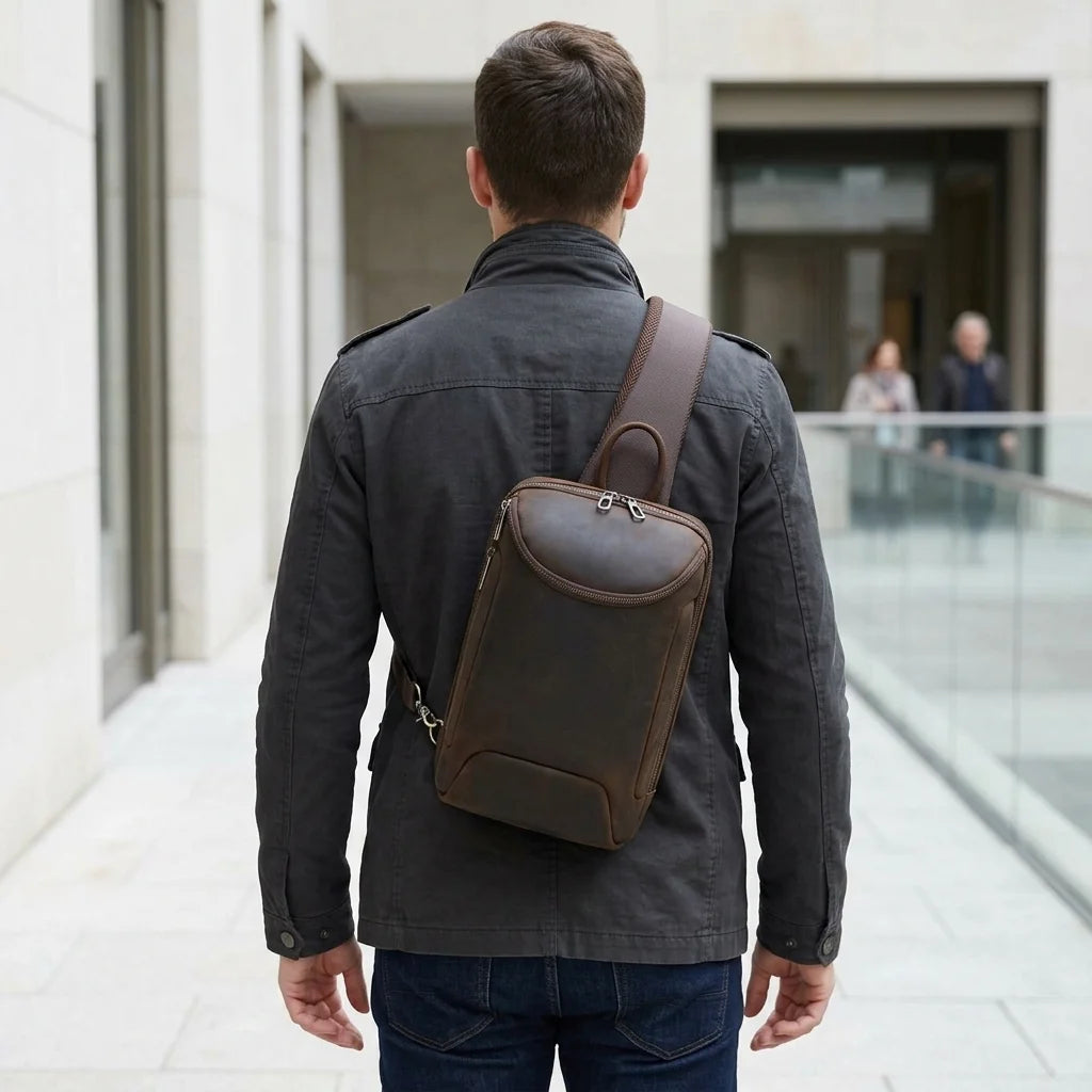 Men's Crazy Horse Leather Tablet Sling Bag — rear view on a man in a dark jacket