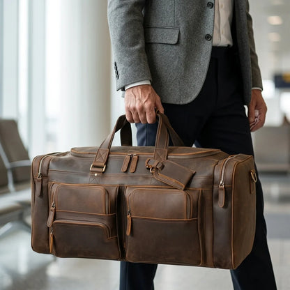 Men's Leather Travel Duffle Bag — Crazy Horse - brass d ring detail