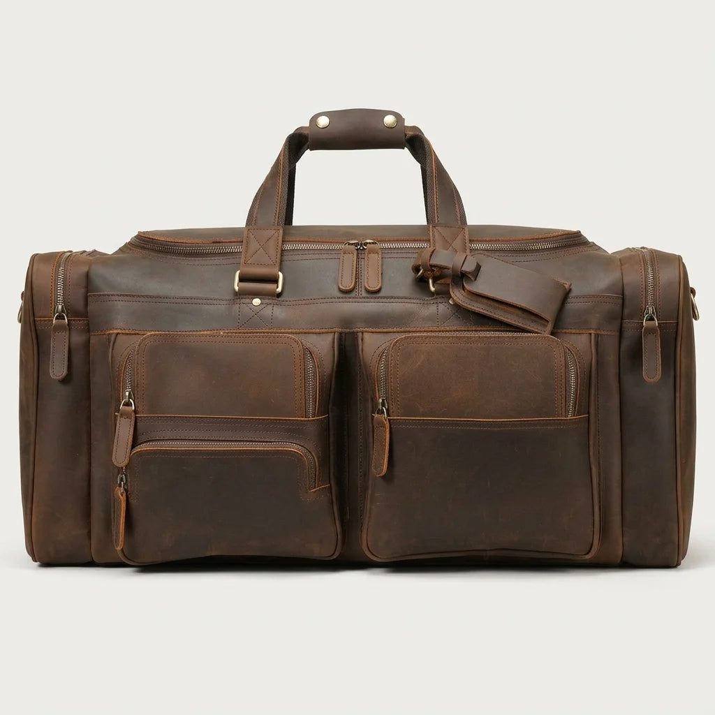 Dark Brown Crazy Horse Leather Duffel with Multiple Zip Pockets