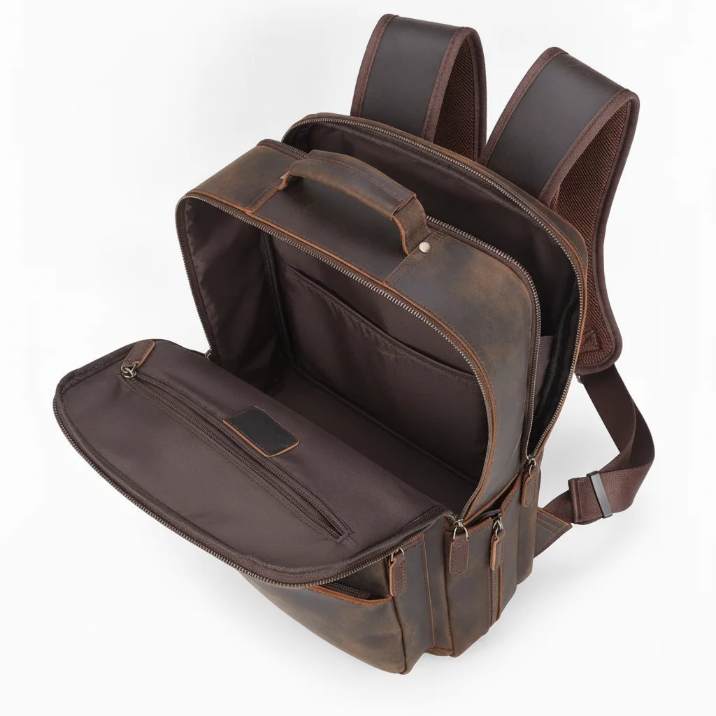 Men's Leather Travel Laptop Backpack — open main compartment, empty