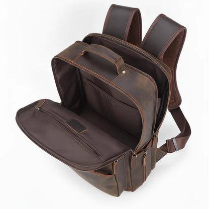 Men's Leather Travel Laptop Backpack — open main compartment, empty
