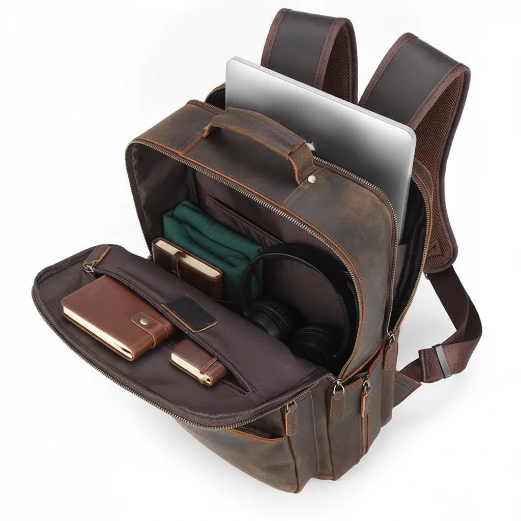 Men's Leather Travel Laptop Backpack — open main compartment with laptop, notebook, headphones and pouch