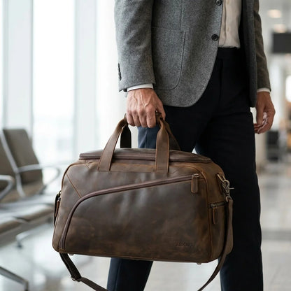 Men's Leather Travel Duffle Bag — Crazy Horse - hand carry lifestyle shot