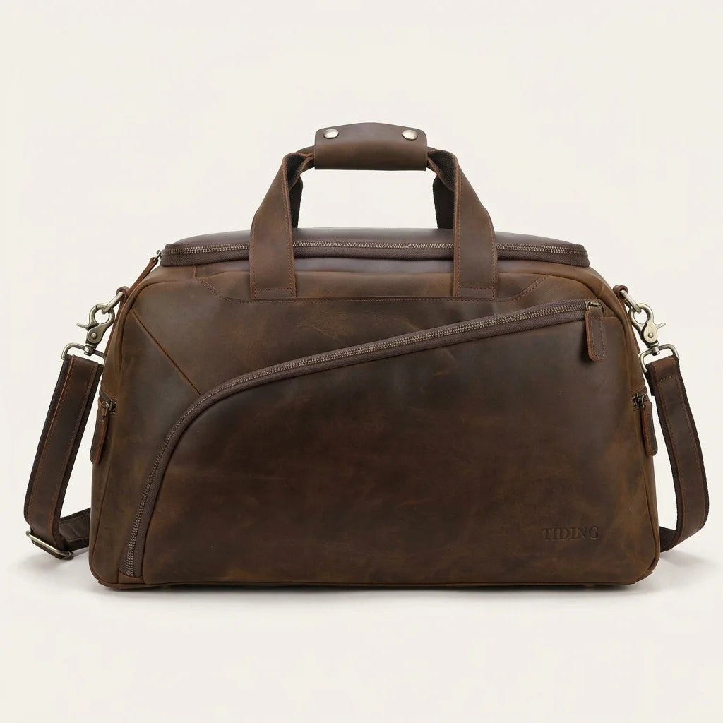 Crazy Horse Leather Duffel Bag with Diagonal Front Zip