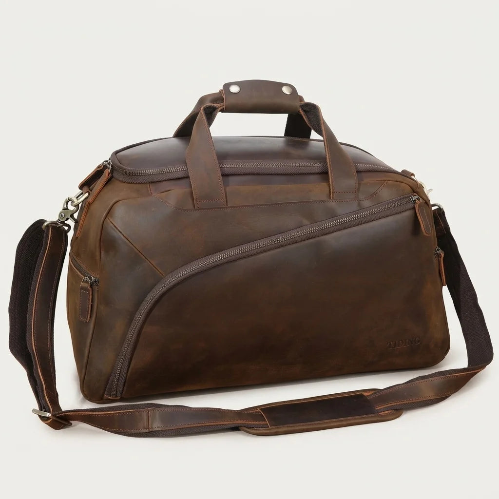 Men's Leather Travel Duffle Bag — Crazy Horse - three quarter studio angle