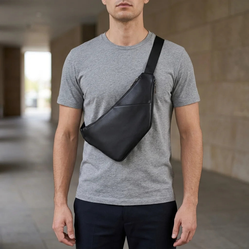 Men's Premium Matte Leather Sling Bag — worn crossbody by a man in a grey T-shirt