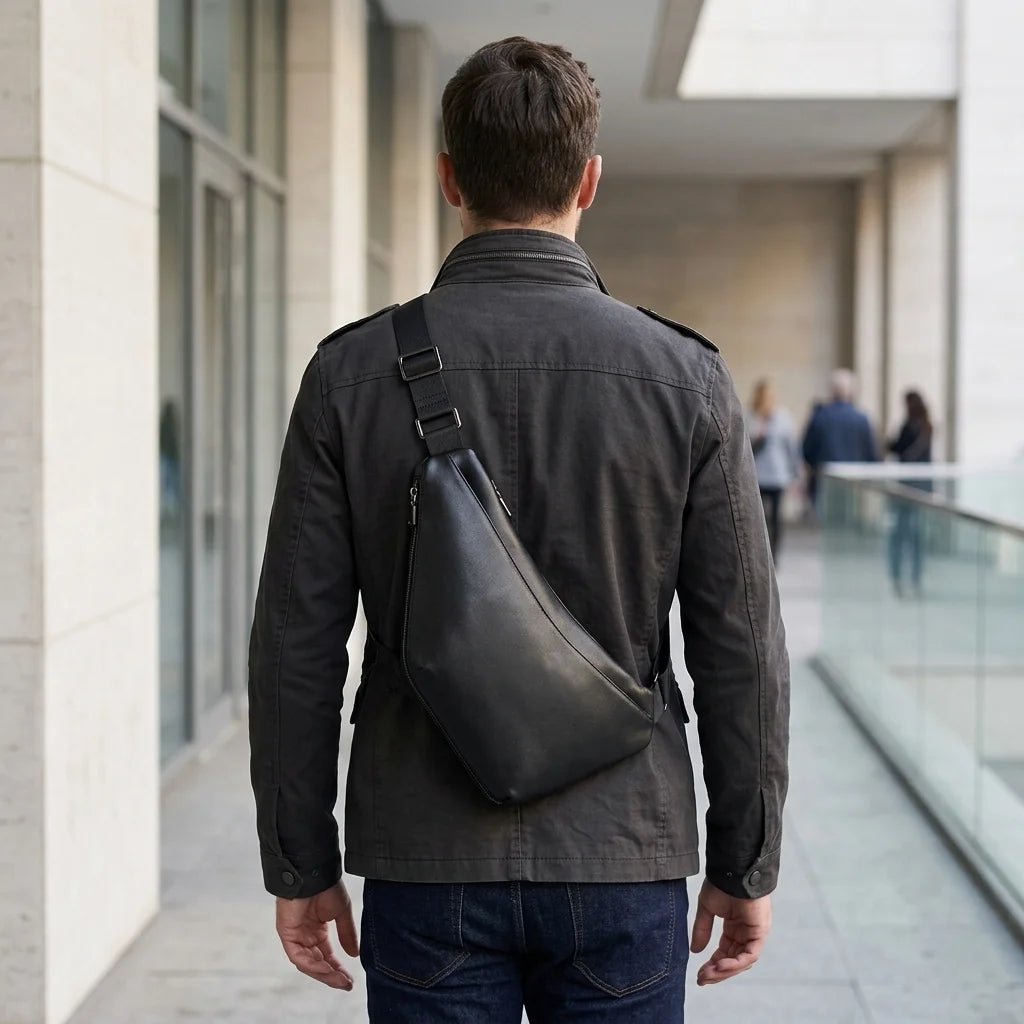 Men's Premium Matte Leather Sling Bag — rear view on a man in a dark jacket