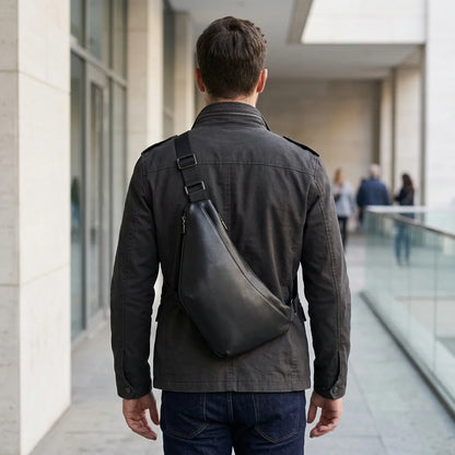 Men's Premium Matte Leather Sling Bag — rear view on a man in a dark jacket