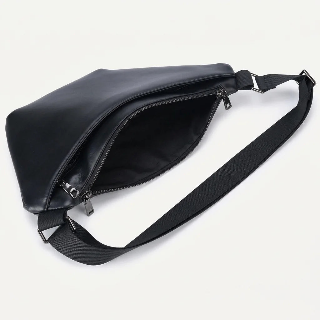 Men's Premium Matte Leather Sling Bag — open main compartment, empty