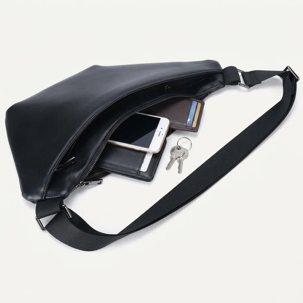 Men's Premium Matte Leather Sling Bag — open main compartment with phone, wallet and keys