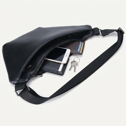 Men's Premium Matte Leather Sling Bag — open main compartment with phone, wallet and keys