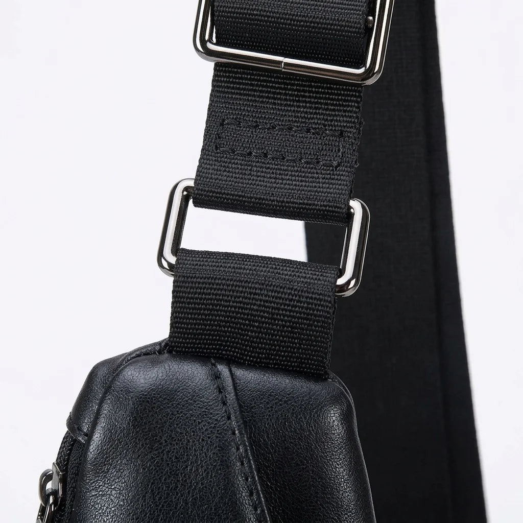 Men's Premium Matte Leather Sling Bag — close-up of strap slider and buckle