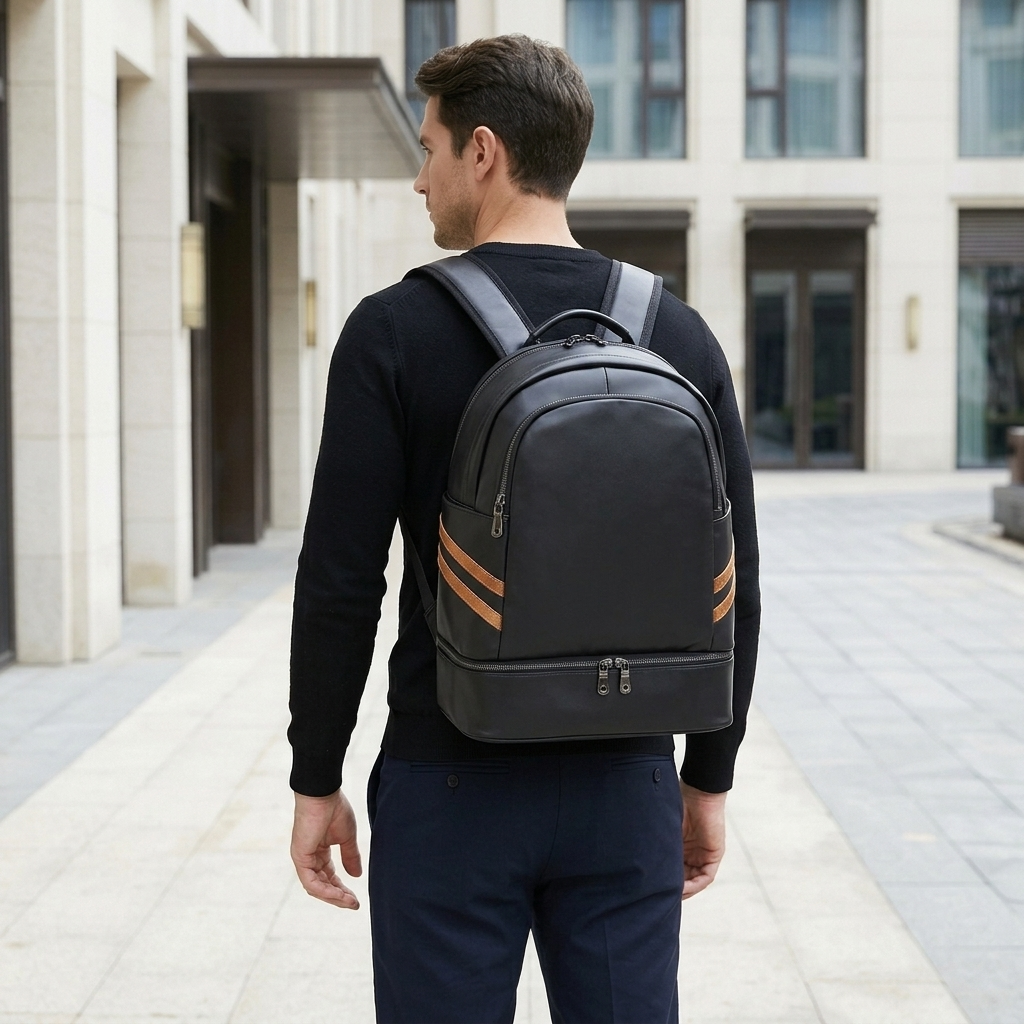 Men's Full-Grain Leather Backpack with Insulated Bottom Compartment — worn on the back by a man in a black knit shirt, rear view