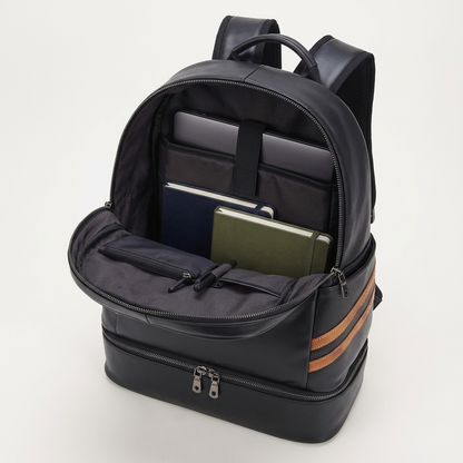 Men's Full-Grain Leather Backpack with Insulated Bottom Compartment — open with a laptop, notebooks, a pouch and a pen inside