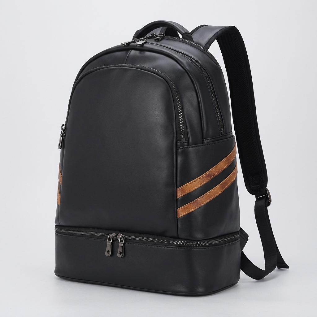 Men's Full-Grain Leather Backpack with Insulated Bottom Compartment — three-quarter front view