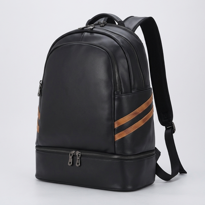 Men's Full-Grain Leather Backpack with Insulated Bottom Compartment — three-quarter front view