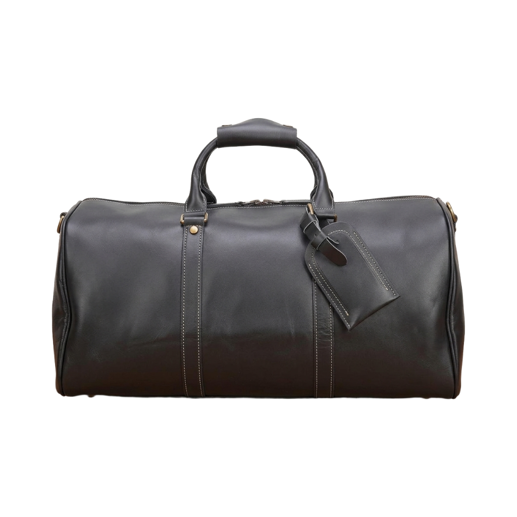 Men's Full-Grain Leather Barrel Duffle Bag — front view in Black