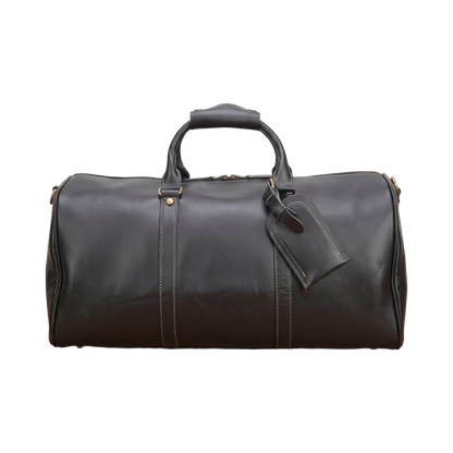 Men's Full-Grain Leather Barrel Duffle Bag — front view in Black