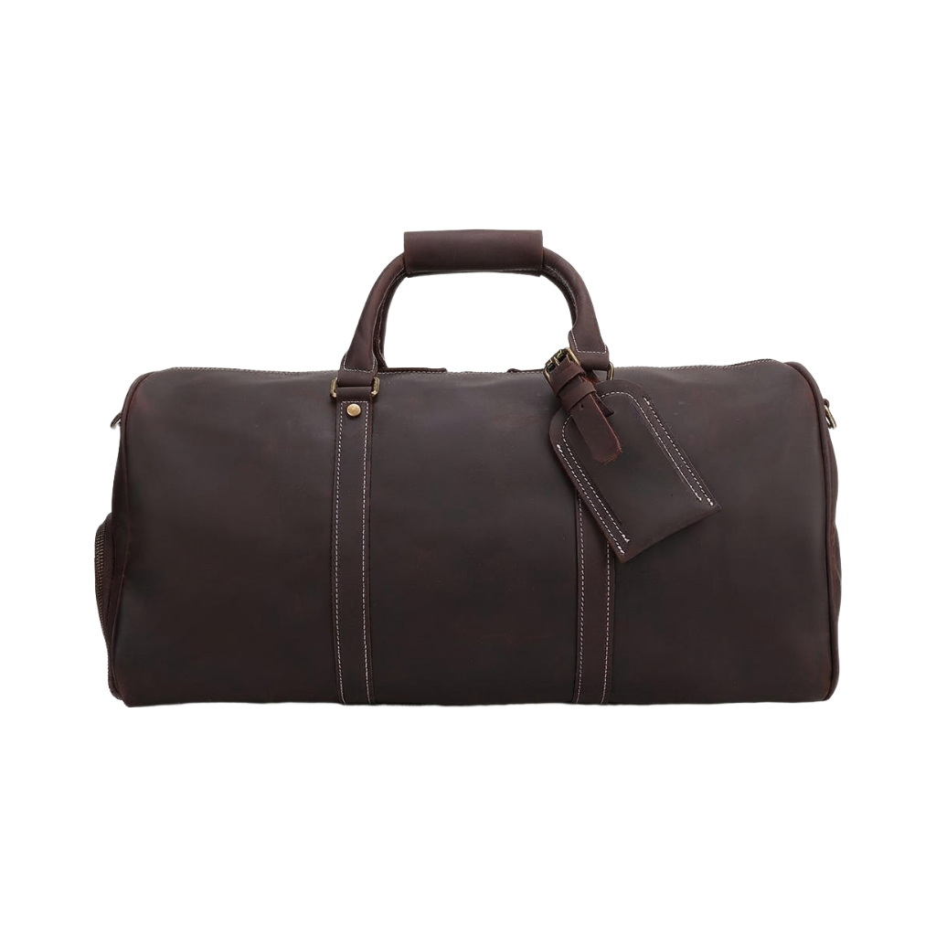 Men's Full-Grain Leather Barrel Duffle Bag — front view in Dark Brown