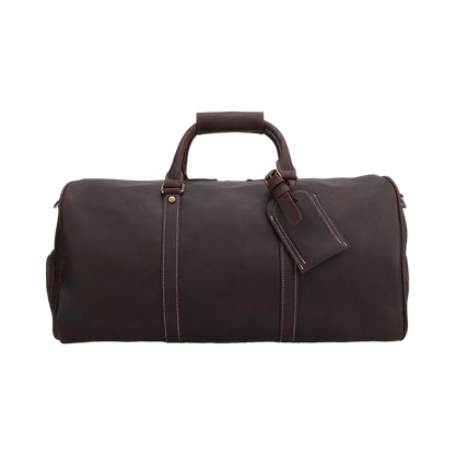Men's Full-Grain Leather Barrel Duffle Bag — front view in Dark Brown