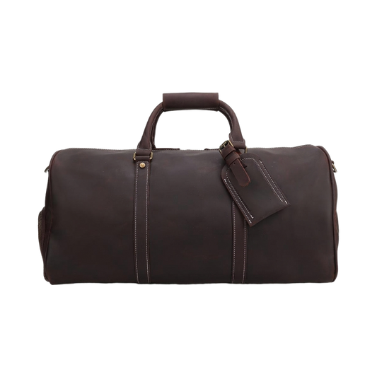 Men's Full-Grain Leather Barrel Duffle Bag — front view in Dark Brown