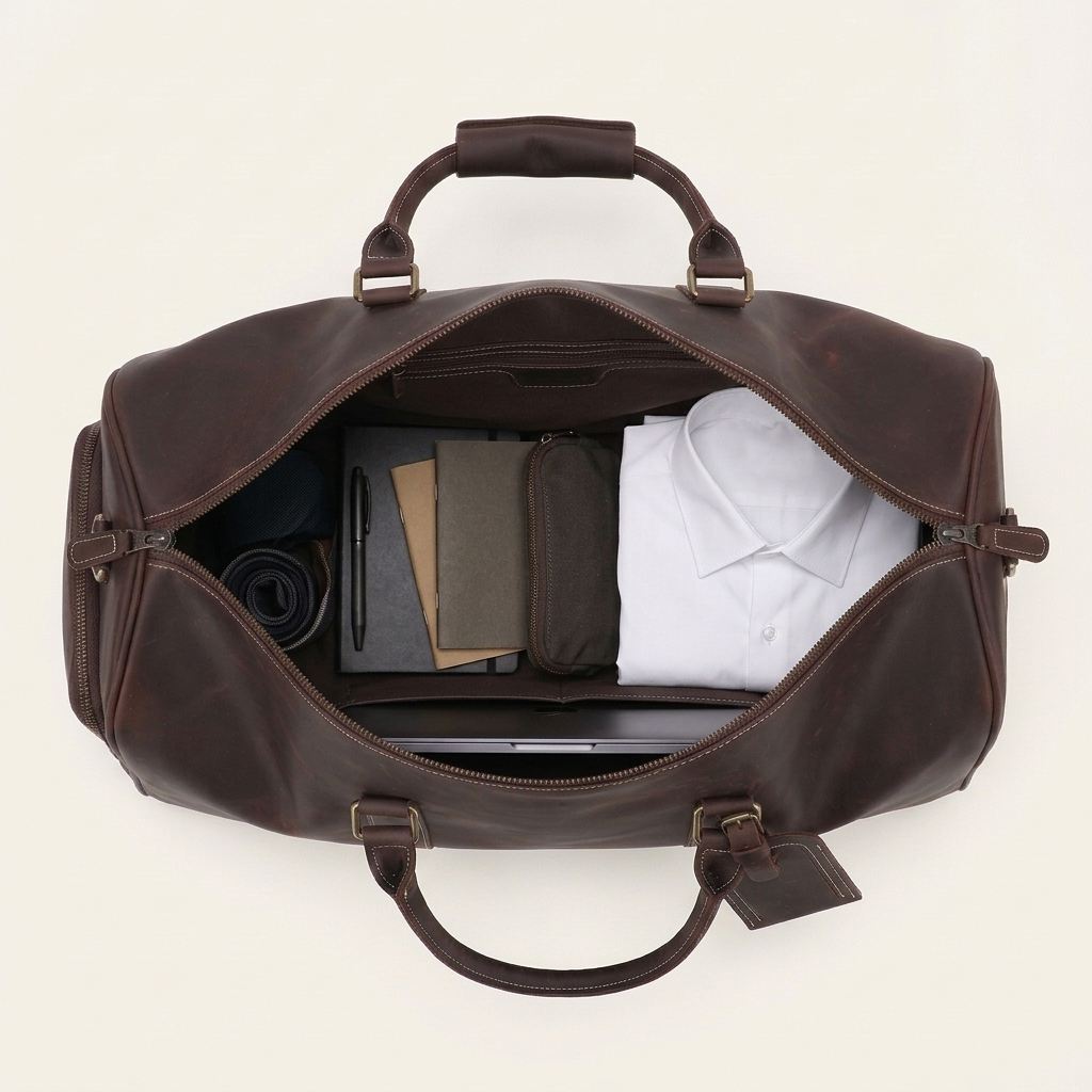 Men's Full-Grain Leather Barrel Duffle Bag — open from above with a shirt, notebooks and a laptop inside