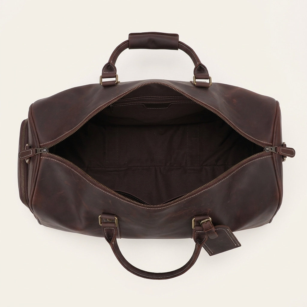 Men's Full-Grain Leather Barrel Duffle Bag — open from above, empty interior
