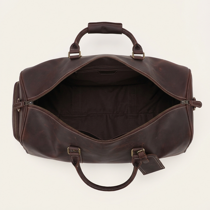 Men's Full-Grain Leather Barrel Duffle Bag — open from above, empty interior