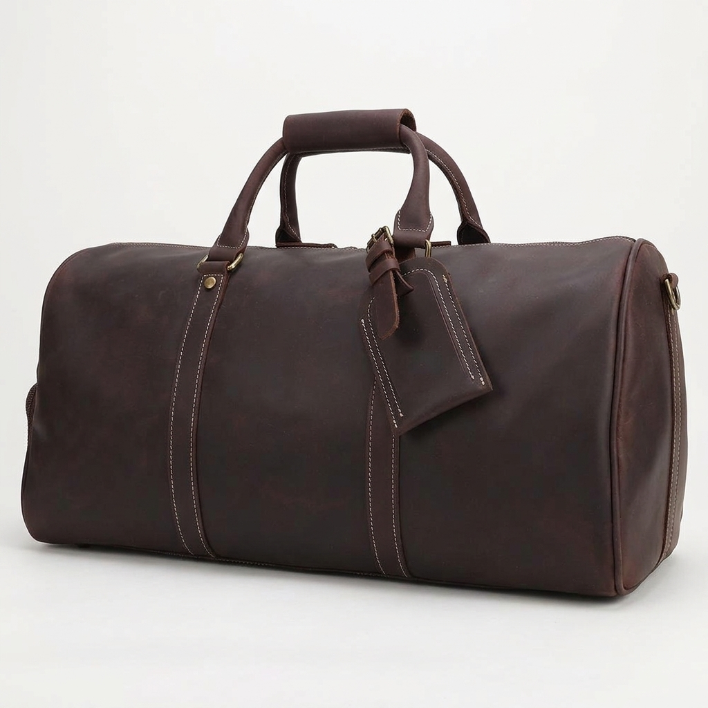 Men's Full-Grain Leather Barrel Duffle Bag — three-quarter front view