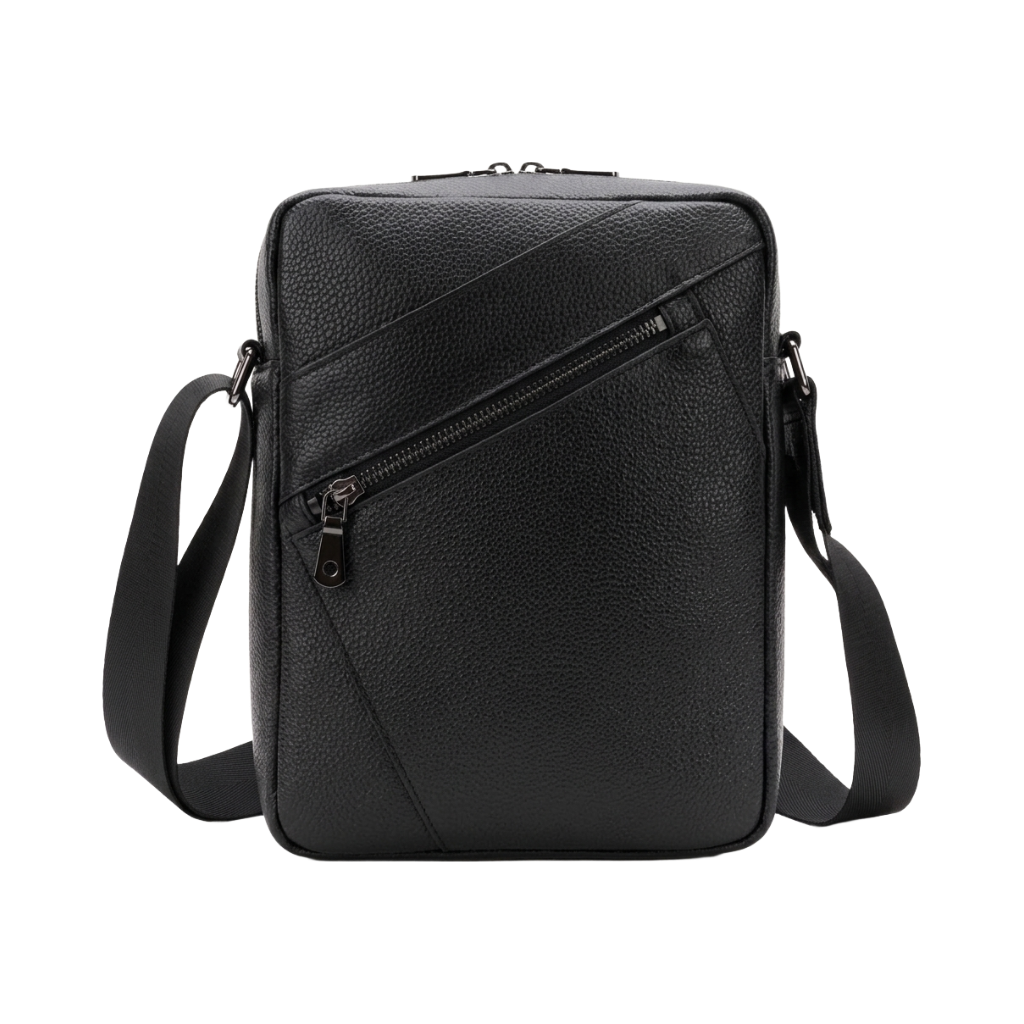 Men's Full-Grain Leather Compact Crossbody Messenger Bag — front view in Black