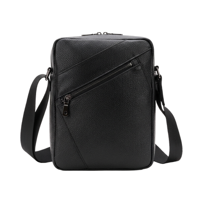 Men's Full-Grain Leather Compact Crossbody Messenger Bag — front view in Black