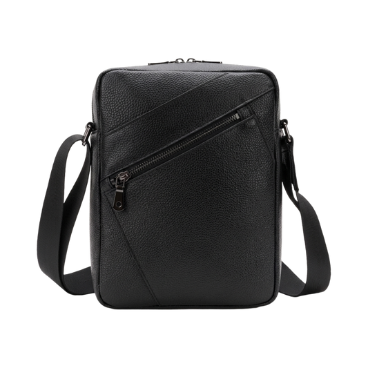 Men's Full-Grain Leather Compact Crossbody Messenger Bag — front view in Black