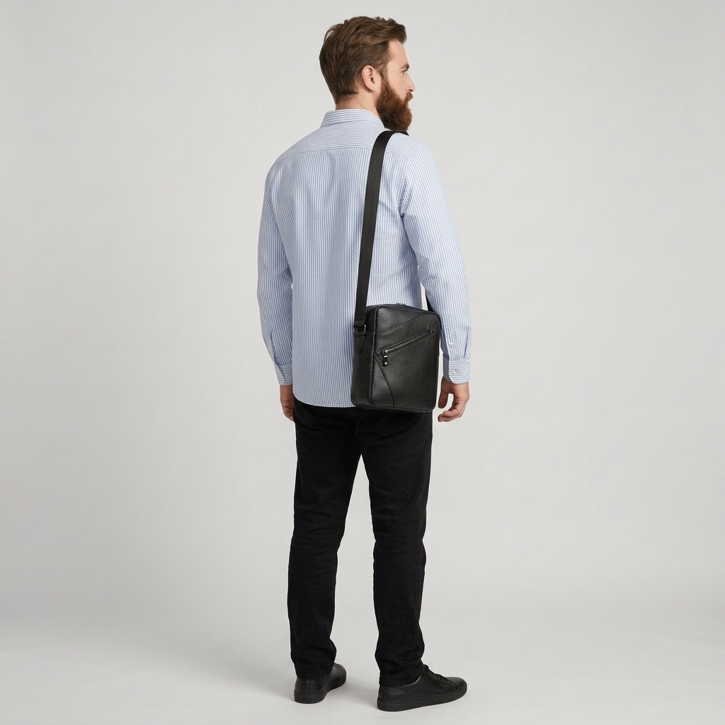 Men's Full-Grain Leather Compact Crossbody Messenger Bag — carried on the shoulder by a man in a striped shirt, rear three-quarter view