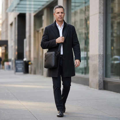 Men's Full-Grain Leather Compact Crossbody Messenger Bag — worn on the shoulder by a man in a dark overcoat, walking